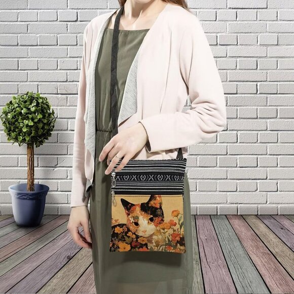 Floral Cat Crossbody Bag Small Ethnic Pattern Adjustable Strap Zipper Bag - Picture 3 of 7